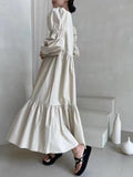 Amfeov French Pleated Long Puff Sleeve Loose Long Dress