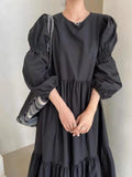 Amfeov French Pleated Long Puff Sleeve Loose Long Dress