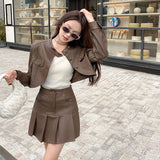 cold weather outfits Amfeov Coffee Color PU Leather Jacket And Skirt Set 2024 New Women's Autumn Miu System Chic Pleated Skirt Loose 2-Piece Set