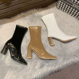 Amfeov 2024 Autumn Winter Patent Leather Shoes Women Chunky Heels Boots Sexy High Heel Short Boots Women Botas De Mujer