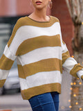 christmas outfit Amfeov Long Sleeves Loose Contrast Color Striped Round-Neck Pullovers Sweater Tops