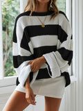 christmas outfit Amfeov Long Sleeves Loose Contrast Color Striped Round-Neck Pullovers Sweater Tops