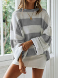 christmas outfit Amfeov Long Sleeves Loose Contrast Color Striped Round-Neck Pullovers Sweater Tops