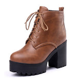 cold weather outfits Amfeov 2024 Women Ankle Boots Round Toe 9cm Block Heels Lace-Up 3.5cm Platform Big Size 33-44 A3396