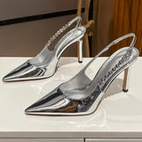 Amfeov Shiny High Heels Slingback Silver Women Pumps Metallic Crystal Sandals Pointy Toe Stiletto Heeled Shoes Party Dress Shoes Woman