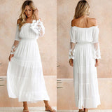 Amfeov Popular Sexy Lace Patchwork Flared Sleeves Maxi Dress