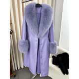 cold weather outfits Amfeov 2024 New Women's Leather Jacket With Fox Fur Collar Long Fashionable Elegant Waist-Fitted Sheepskin Overcoat For Autumn/Winter