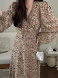 Amfeov V Neck Floral Puff Sleeve Long Dress