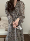 Amfeov V Neck Floral Puff Sleeve Long Dress