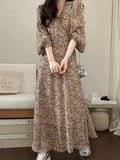 Amfeov V Neck Floral Puff Sleeve Long Dress