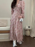 Amfeov V Neck Floral Puff Sleeve Long Dress