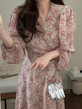 Amfeov V Neck Floral Puff Sleeve Long Dress