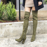 cold weather outfits Amfeov Women Boots Over Knee 61cm Chunky Heels 10.5cm Pointed Toe Flock Suede Big Size 33 45 46 48 Black