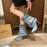 Amfeov 2024 Women's Autumn/Winter Denim Fine High Heel Skirt Boots Fashion Pointed Large Women's Four Seasons Short Boots