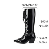 cold weather outfits Amfeov Patent Leather Women Knee High Boots Pointed Toe Chunky Heel 6.5cm Lace Up Decor Size 44 45 46 Booties