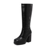 cold weather outfits Amfeov Women Knee High Boots Toe Block Heels 10cm Platform 2.5cm Big Size 43 Concise Female Bota