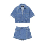 cold weather outfits Amfeov 2024 Spring Summer Casual Denim Women Suits Fashion Pockets V Neck Pullover Half Sleeve Shirts+Chic Mini Shorts Skirts