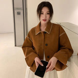 cold weather outfits Amfeov 2024 Autumn/Winter New Tweed Style Lapel Jacket French Elegant Chamois Leather Cropped Top For Men Casual Chic Short Coat