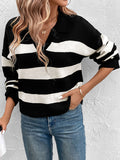 christmas outfit Amfeov Long Sleeves Loose Contrast Color Split-Joint Striped Lapel Pullovers Sweater Tops