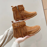 Amfeov Vintage Women Boots Suede Ankle Boots Fringe Women Shoes Winter Boots Women Side Zipper Casual Shoes Round Toe Ladies Snow Boot