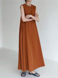 Amfeov Chic Simple Solid Color Sleeveless Ramie Cotton Loose Dress