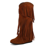 cold weather outfits Amfeov Women Mid Calf Boots Round Toe Increased Heel Fringe Flock Suede 46 47 48 Slip On Fashion Dating Bota