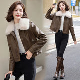 cold weather outfits Amfeov Women's Autumn Winter New Style Leather Jacket Large Collar Fleece Lined And Thickened Petite Jacket PULeather ZH1138