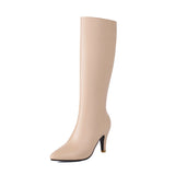 cold weather outfits Amfeov Women Knee High Boots Pointed Toe Small Heels 8.5cm Size 45 46 47 Fashion Sexy Party Female Booties