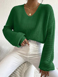 christmas outfit Amfeov Long Sleeves Loose Solid Color Split-Joint V-Neck Pullovers Sweater Tops