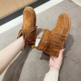 Amfeov Vintage Women Boots Suede Ankle Boots Fringe Women Shoes Winter Boots Women Side Zipper Casual Shoes Round Toe Ladies Snow Boot