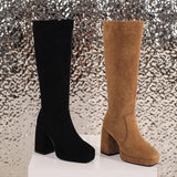 cold weather outfits Amfeov Women Knee High Boots Flock Suede Round Toe Block Heels 9cm Platform 2cm Slip On 45 46 47 Concise Daily Female Booties