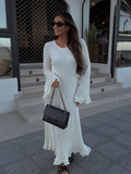 christmas outfit Amfeov New Women's Elegant Solid Ruffle Hem Knitted Maxi Dress Chic O-neck Backless Lace-up Flare Sleeve Robe 2025 Lady Holiday Vestido