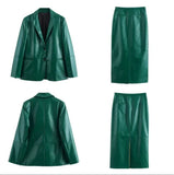 cold weather outfits Amfeov 2024 Autumn New Arrival Women's Leather Green Straight Cut Suit Jacket With Split Side Skirt Medium Length Dress Set