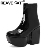 cold weather outfits Amfeov Patent Leather Women Ankle Boots Toe Chunky Heels 12cm Platform Hill Size 46 47 48 Sexy Dating Bota