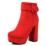 cold weather outfits Amfeov Sexy Women Ankle Boots Round Toe Block Heels 12cm Platform Flock Suede Size 45 46 Party Bota