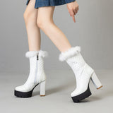 cold weather outfits Amfeov Women Knight Boots Round Toe Block Heels 11cm Platform Hill Fur Mid Calf Bota Size 47 48