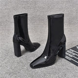 Amfeov Brand Women Shoes 2024 New Black Patent Leather Fashion Square Toe Women's Boots Comfor Thick Heel Ladies High Heel Ankle Boots