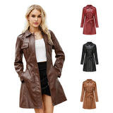 cold weather outfits Amfeov New Fashionable Medium-length Genuine Leather Coat Belt Long Sleeve For Spring Autumn Women's Leather Jacket 6652