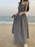 Amfeov Strapless Pleated Plaid Long Dress