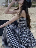 Amfeov Strapless Pleated Plaid Long Dress