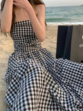 Amfeov Strapless Pleated Plaid Long Dress