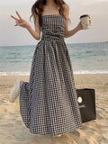 Amfeov Strapless Pleated Plaid Long Dress