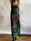 Amfeov Vintage Green Irregular Slip Long Dress