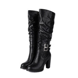 cold weather outfits Amfeov Women Knee High Boots Round Toe Block Heels 9cm Buckles 34cm High 49 48 Vintage Riding Booties