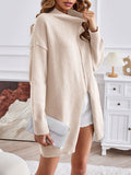 christmas outfit Amfeov Long Sleeves Loose Solid Color Split-Front Velvet Mock Neck Pullovers Sweater Tops