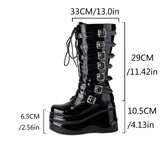 cold weather outfits Amfeov Women Boots Round Toe Patent Leather Wedges 10.5cm Platform Hill 6.5cm Lace Up  Booties