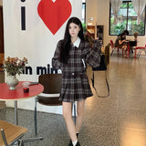 cold weather outfits Amfeov 2024 Autumn New Women's Plaid Jacket And Skirt Set Chic Vintage Simple Style With Leather Belt Fashion Dress Outfit