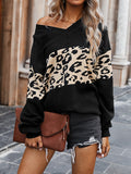 christmas outfit Amfeov Long Sleeves Loose Leopard Split-Joint V-Neck Pullovers Sweater Tops