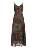 Amfeov Vintage Floral Print V-Neck Slip Dress