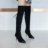 cold weather outfits Amfeov REAVECAT Motorcycle Boots Pointed toe Thin heels Flock Cross-tied Big size 34-48 Club Party A3104